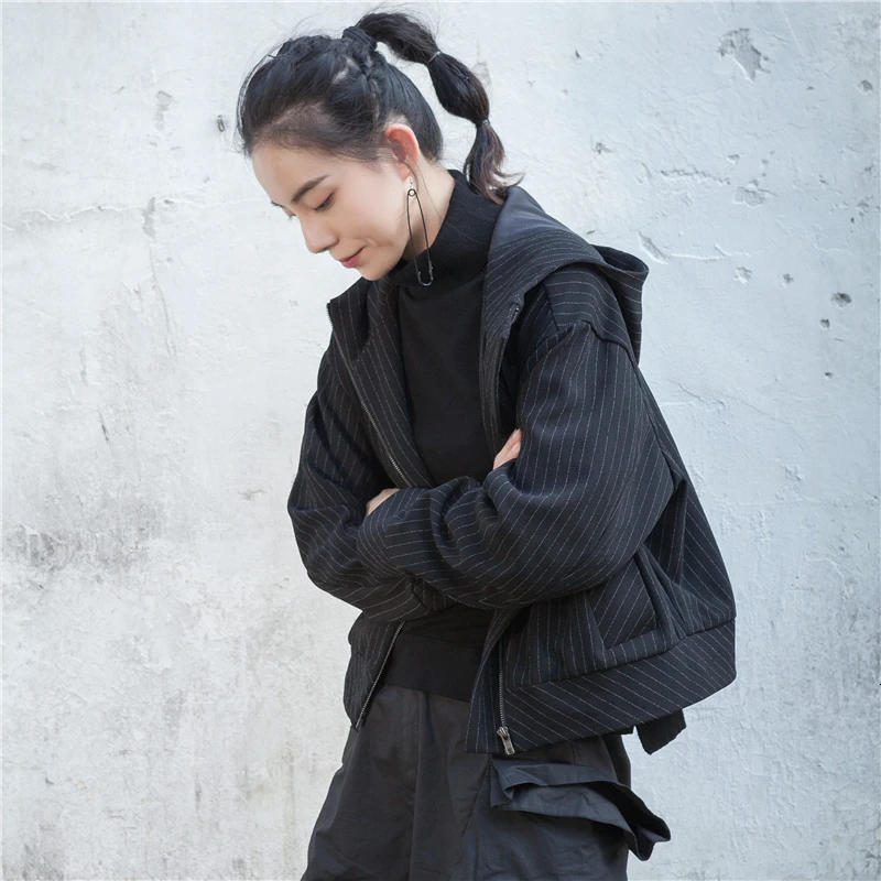 

[LANMREM] 2019 Autumn And Winter New Products Fashion Striped Zipper Solid Color Wild Hooded Short Jacket Female PA192
