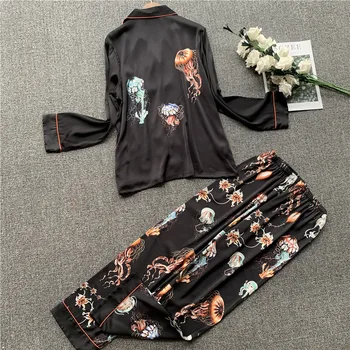 

2020 Spring and Summer New Silk Tracksuit Women Cardigan Button Long Sleeve Pajamas Silk Big Printing