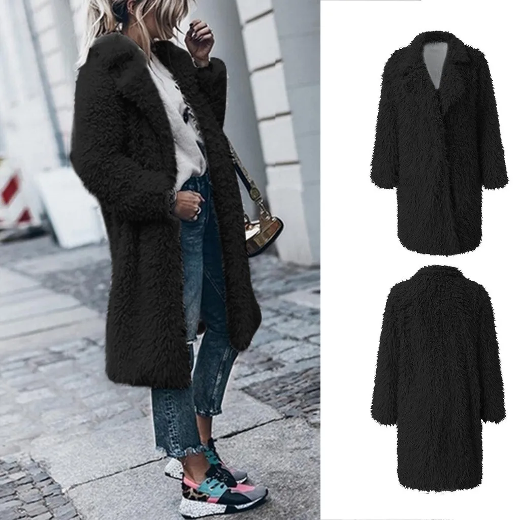 Элегантное длинное пальто из искусственного меха для женщин, осенне-зимнее теплое пальто из искусственной шерсти, женское плюшевое пальто, Повседневная плюшевая верхняя одежда
