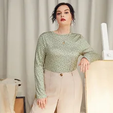 

Plus Size Woman Blouses Autumn Winter Stretch Soft Green Leaf Print Long Sleeve Oversized Knitted T-Shirt Hawaii New Year 2022