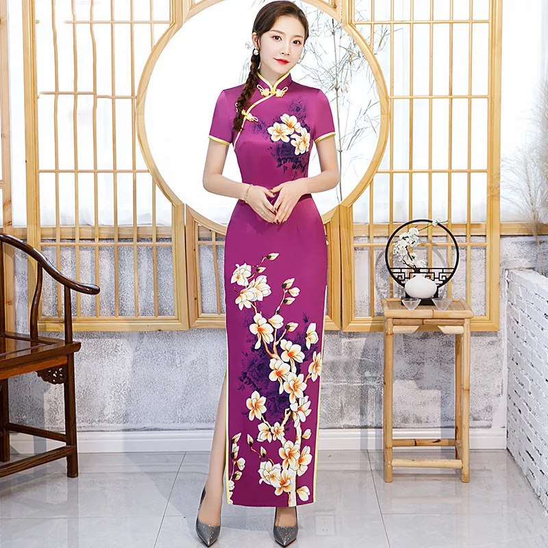 Зеленый китайский традиционный Женский район Ципао Винтаж Cheongsam Новинка китайский официальный Платье размера плюс M L XL XXL 3XL 4XL 5XL - Цвет: purple