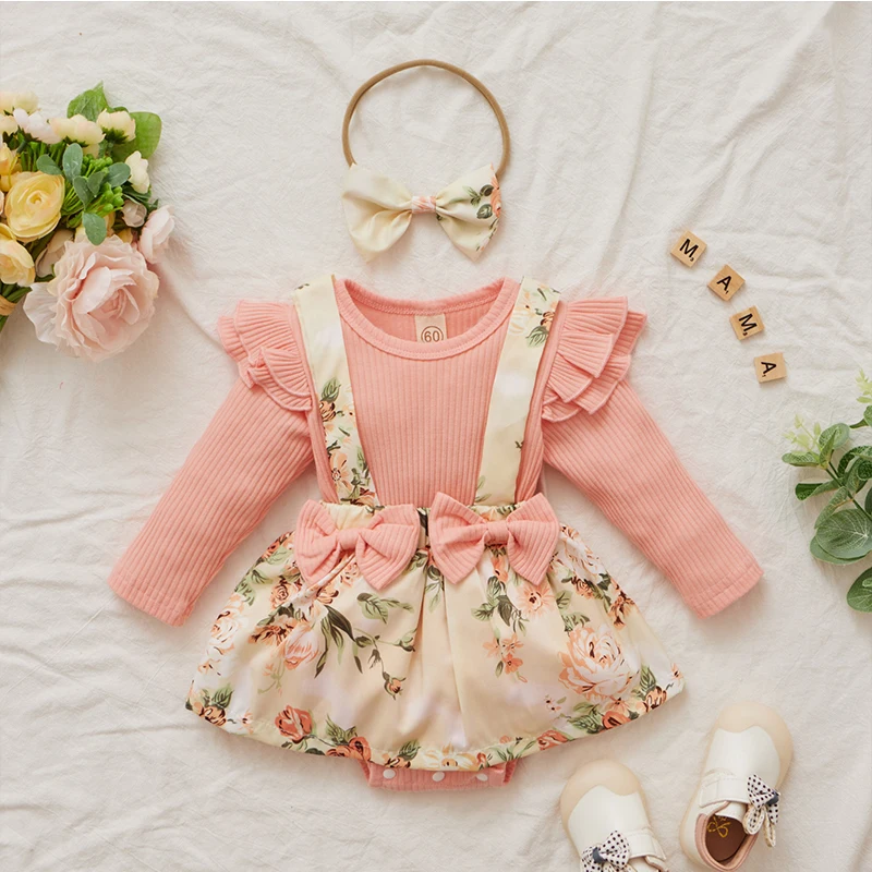 Baby Clothing Set for girl Newborn Baby Girl Floral Dresses 3Pcs Outfits New Knitted Long Sleeve Jumpsuit+Sweet Kids Bow Dress+Headband Baby Sets Clothing baby clothing set long sleeve	