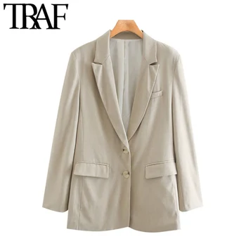 

TRAF Women Fashion Office Wear Loose Linen Blazer Coat Vintage Long Sleeve Pockets Female Outerwear Chic Tops