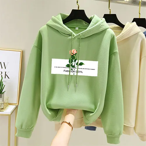 MGH-green Женские теплые толстовки с цветочным принтом SURMIITRO, розово-зеленого цвета с длинным рукавом с капюшоном в корейском стиле для женщин осень зима - Цвет: MGH-green