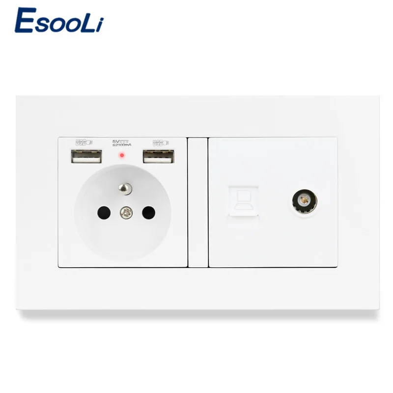 ESOOLI Plastic Panel French Standard Electric Socket with 2 USB + RJ45 Internet Jack and Television Port Power Outlet | Обустройство