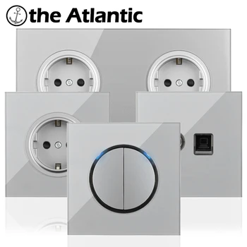 

Light Switch 1 2 3 4 Gang Push Button Switch DE FR Power Socket Lamp Light Wall Outlet LED Lamp Gray/Silver Glass Frame Russia