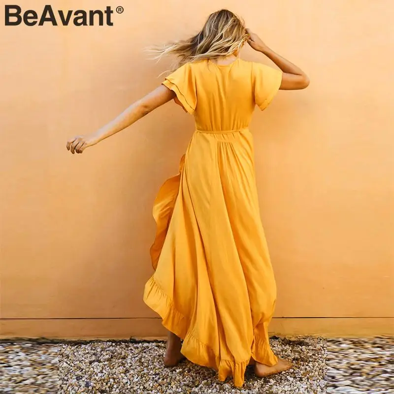 BeAvant, сексуальное, с v-образным вырезом, гофрированное, бохо, платье для женщин, хлопок, короткий рукав, для отдыха, пляж, макси, платье, повседневное, одноцветное, желтое, летнее, платье с запахом