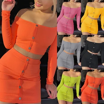 

Women Sexy Off Shoulder Solid Button Bodycon 2 Piece Set