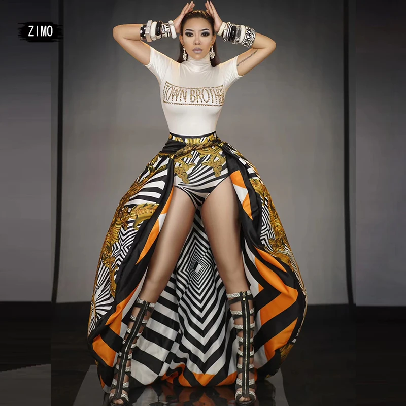 PROD 4001322825526 2 pieces Bodysuit shawl Dance Set Singer dj Bar
Nightclub Women Print Costume Outfits Sexy Prom Modern Performance
Stage Clothes