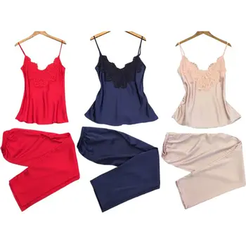 

Womens Summer Imitation Silk Sleepwear Set Eyelash Lace V-Neck Cami Top Long Pants Solid Color Pajamas Loose Sling Loungewear