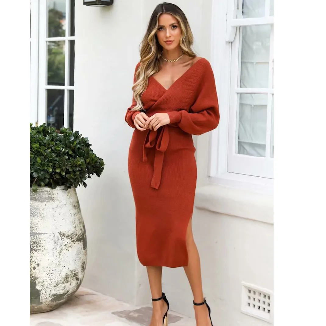 

2019 Winter Elegant WOMEN'S Dress Belt Waist Hugging Long Sleeve V-neck Mid-length Slit-One-step Skirt Dress