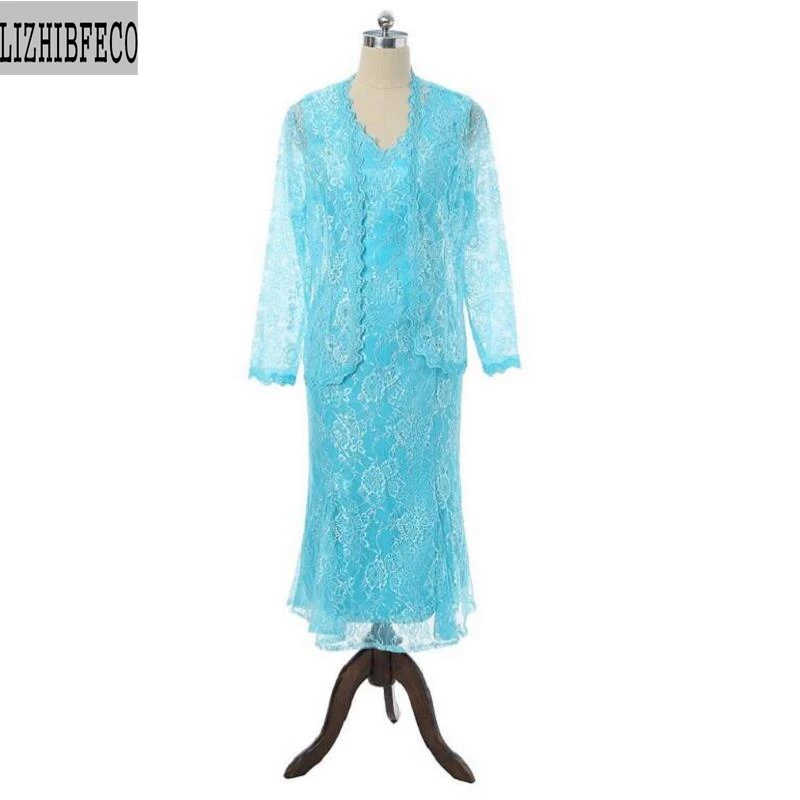 

Lace V-Neck Tea-Length Mother of the bride dress with a Jacket Custom made