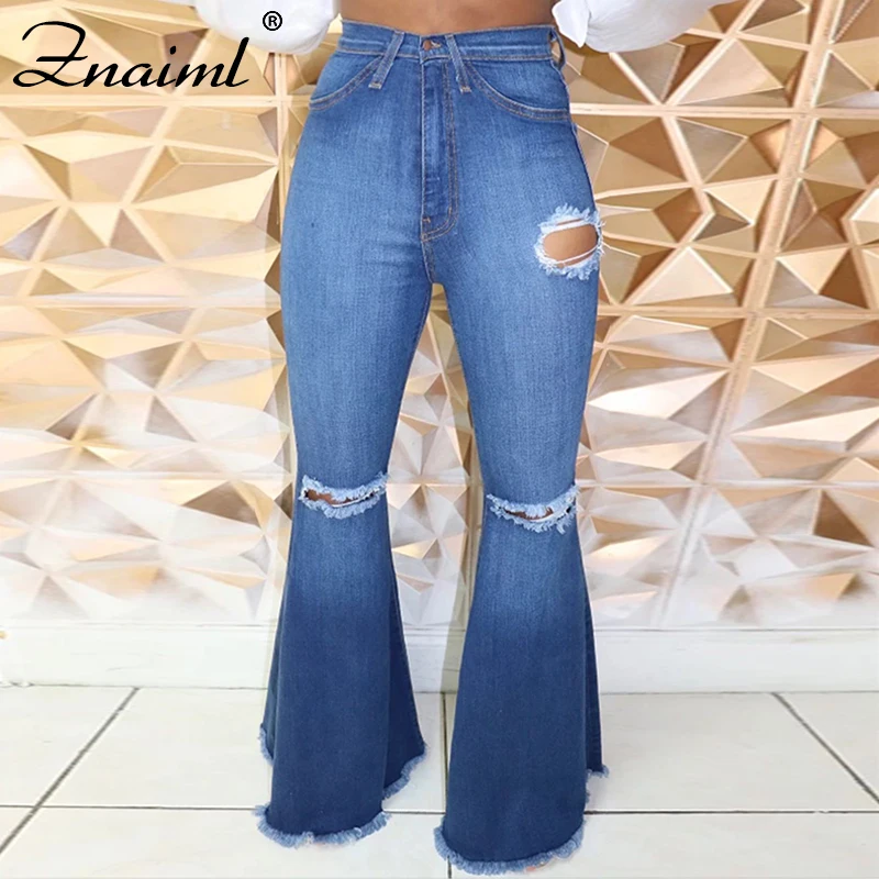 

Fashion Women's Hole Ripped Denim Flare Pants Wide Leg Vintage Bell-bottoms Jeans Elegant Casual Streetwear Female Trousers 2020