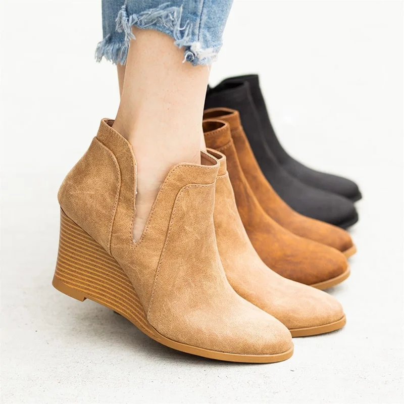 

Fashion Pointed Toe Booties Winter Women Leopard Ankle Boots Lace Up Footwear Platform High Heel Wedge Shoe Woman Bota Feminina