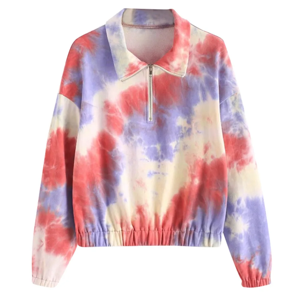 

2019 Women's Autumn Zipper-up Long Sleeve Color Printed Pullover Tops Tie dyeing Sweatshirts Dropshipping20 Suéter De Mujer