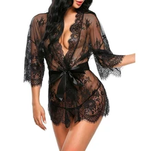 Sexy Women Lingerie Lace Night Dress Sleepwear Nightgown Bandage Deep V G-String See Through Sexy Sheer Sleep Dress Silky