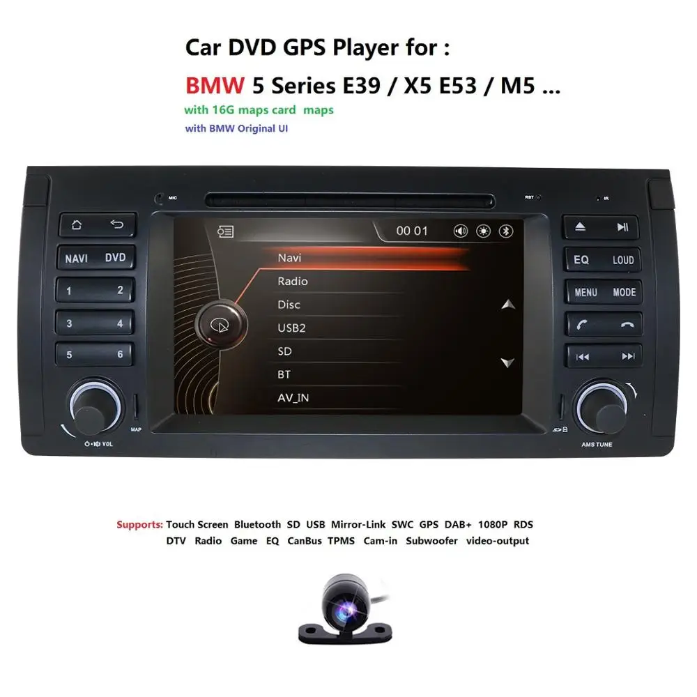 

Car Multimedia Player for BMW X5 E53 7" CD DVD Player GPS Navigation Car Stereo Radio Bluetooth RDS SWC DVBT BUILT-IN Mic DAB SD