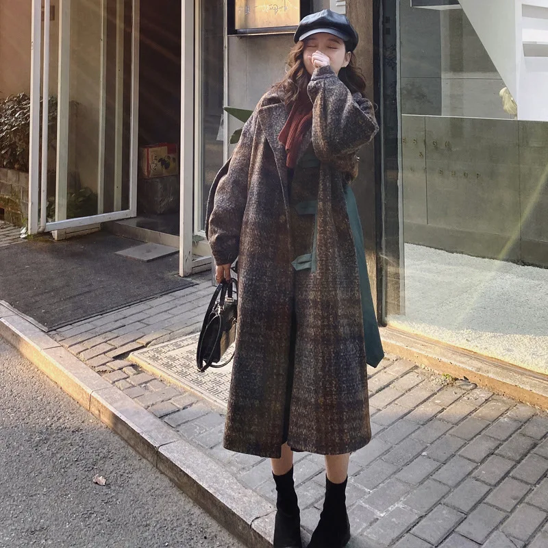 

Photo Shoot Long Woolen Coat 2019 Winter New Style Korean-style Loose-Fit Single-Breasted Straight-Cut Plaid Coat Women's
