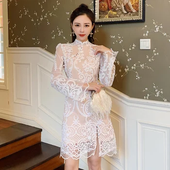 

2020 Elegant Debutante Long Sleeve Skirt Slimming Retro Design Improved Edition Cheongsam Lace Dress Women's