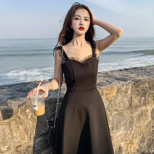 

WOMEN'S Dress 2019 Summer New Products Debutante Elegant Gauze Joint Frilled off-Shoulder Camisole Medium-length Dress