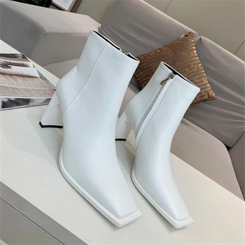 

Ladies Wood grain flat heel minimalist square toe zipper ankle boots solid color slip-on Genuine Leather Autumn and winte shoes