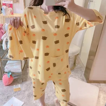 

Hot Summer Cotton Short Sleeve Pyjama Cartoon Rabbit Print Pajama Sets Casual Women Cute Sleepwear Nightwear Nightdress Homewear
