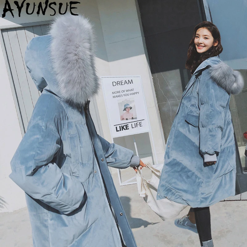 AYUNSUE Winter Jacket Women Korean Long Coat Female Parka Puffer Velvet Padded Jacket Large Fur Collar Warm Loose Parkas KJ3461