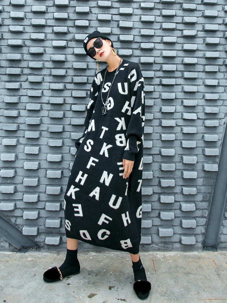 Vefadisa Letter Print Mid-Calf Sweater Dress Women