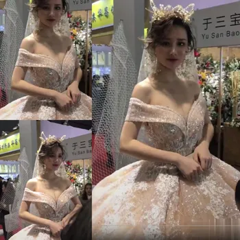 

Real Photos Champagne Golden Lace Off Shoulder Princess Bridal Ball Gowns Luxury Wedding Bling Shinny Dress 2020 Custom