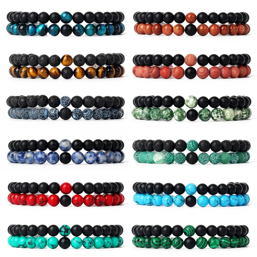 Bracelets de yoga perlés en pierre de lave naturelle pour couples, bijoux en ULélastique, chakra, œil de tigre, distance, hommes, femmes, ensemble de 2 pièces