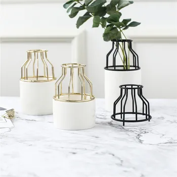 

Nordic Ceramic Vase Wrought Iron Small Vase Simple Design Iron Frame Water Culture Green Plant Inserted Small Flower Pot