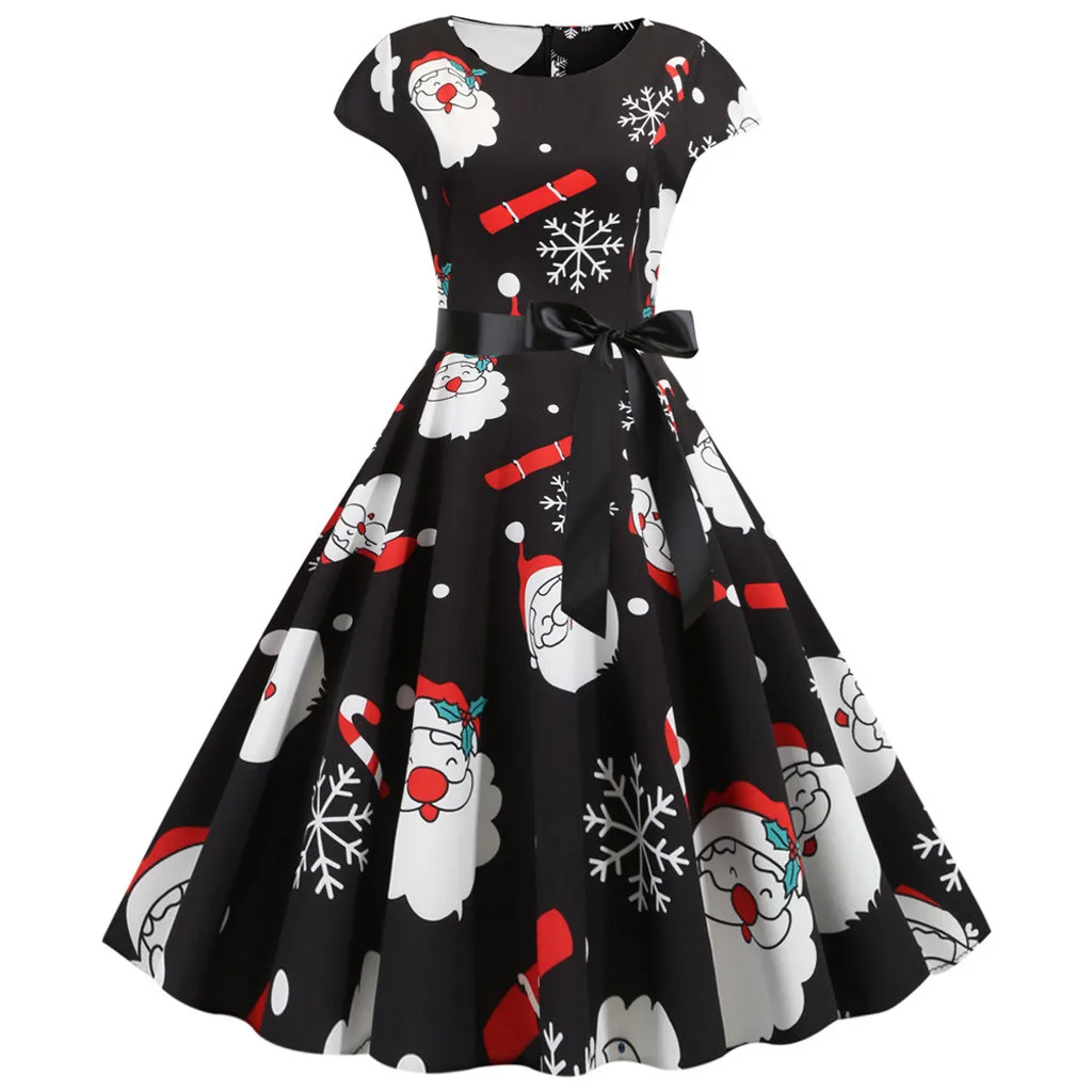 

Fashion Christmas Dress Women Winter Print Santa Claus Black Sashes Bow Vintage Dress 50s 60s Polka Clothes For Women
