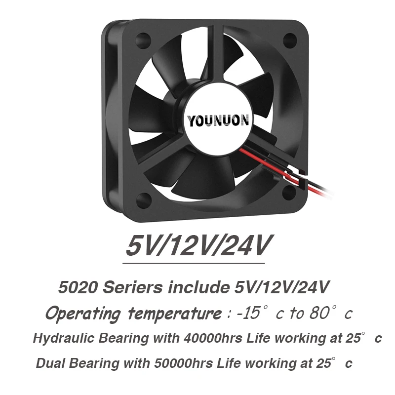 Younuon Peças 5020 50 mm dc 24v 12v 5v 2pin Dupla Bola Manga Rolamento sem Escova Ventilador de Refrigeração 50x50x20 mm Ventilador de Refrigeração - Imagem 6