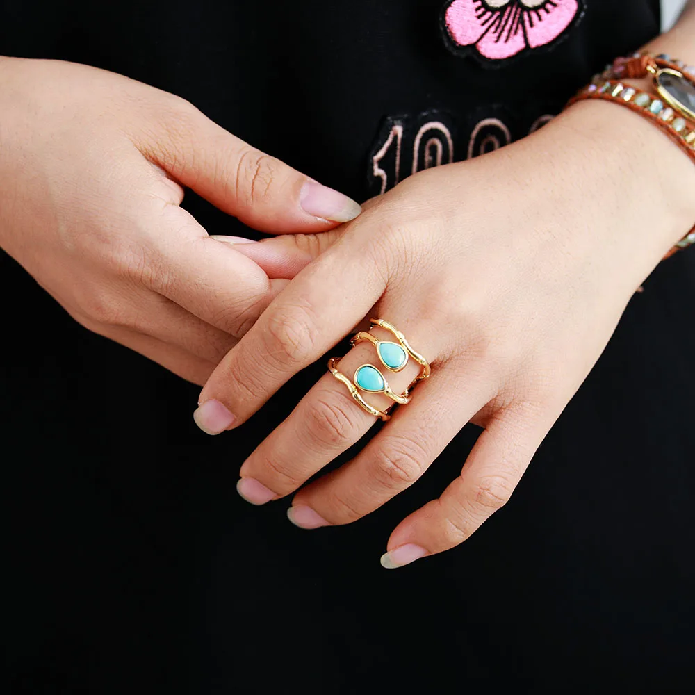 High Quality Stone Rings Jewelry Fashion Gold Color Turquoises Luxury Party Cocktail Ring Size 6.75
