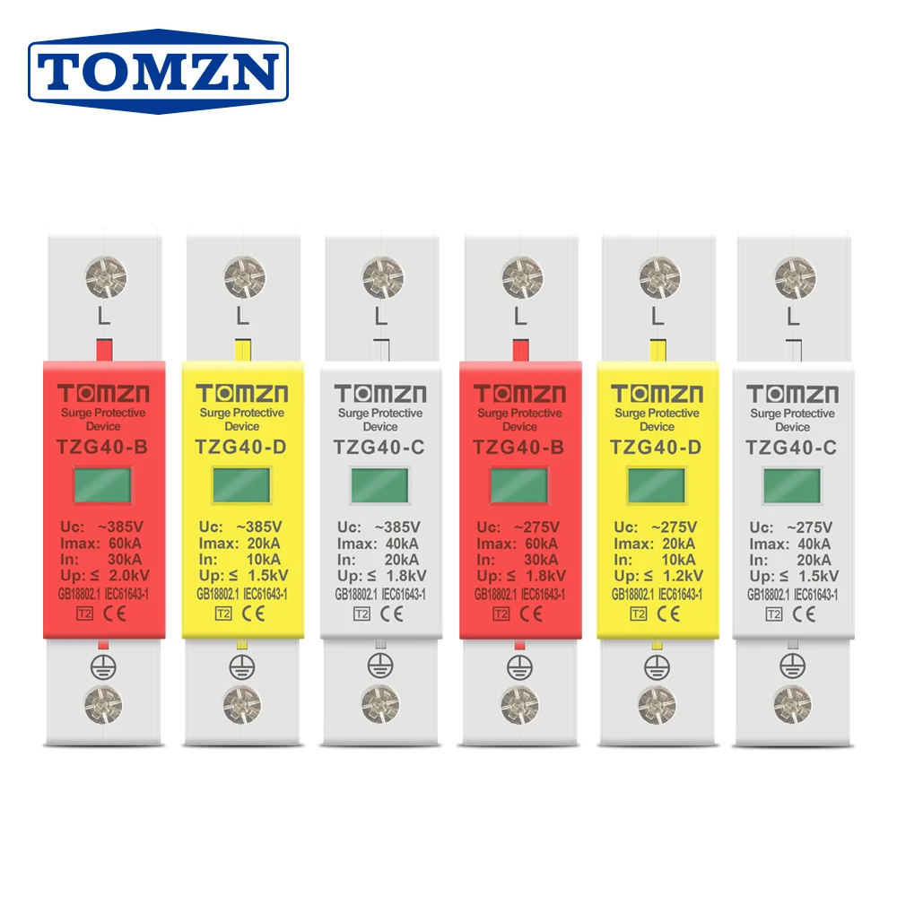 Tomzn TOV1-B/C/D AC SPD 1P 20KA 40KA 60KA House Surge Protector Protection Protective Low-voltage Arrester Device 275V 385V