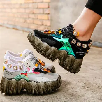 baratas Punk Goth Feminina Couro De Vaca Plataforma Cunha Moda Tênis Strass Rendas Até Trianer Botas Punk Creepers Festa Casual Conforto