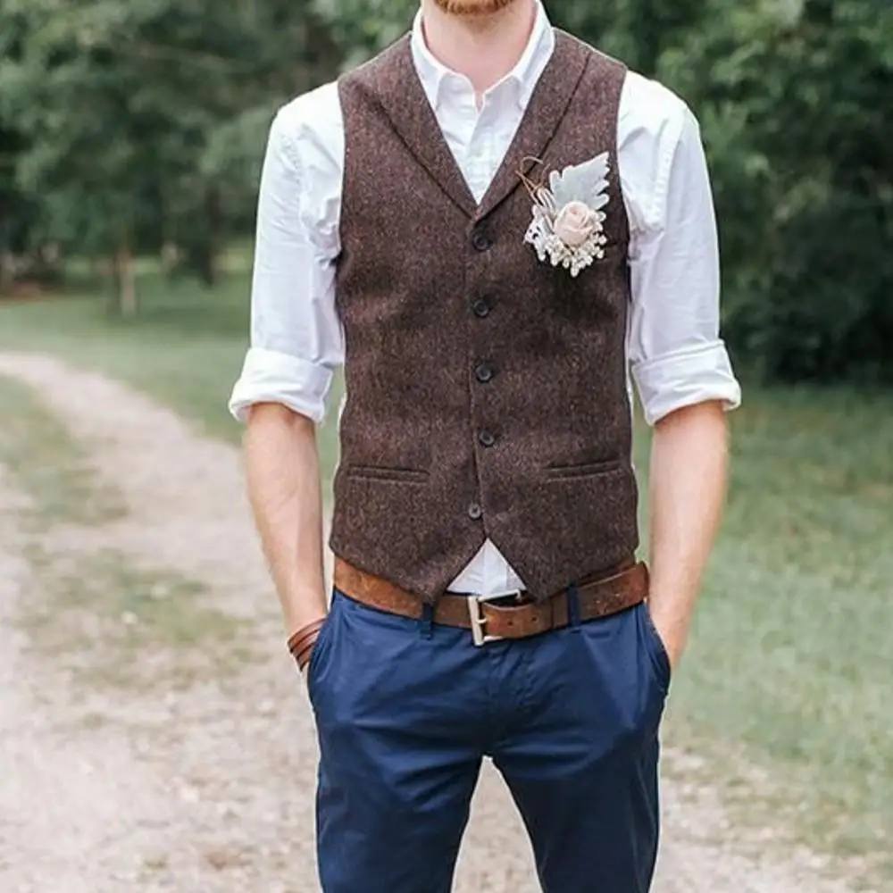 Vintage Brown tweed Vests Herringbone Made Men's Suit Tailor Slim Fit Blazer Wedding Suits for Men