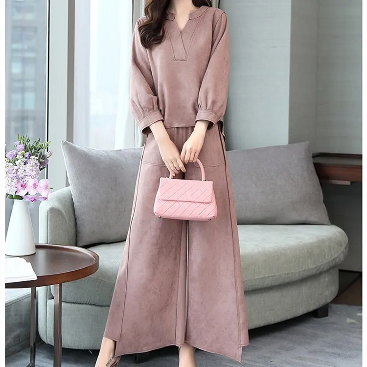 

Tide Vogue Female Pockets Long Sleeve Two Piece Suits V-Neck Spring Autumn Office Lady Loose Solid Sets
