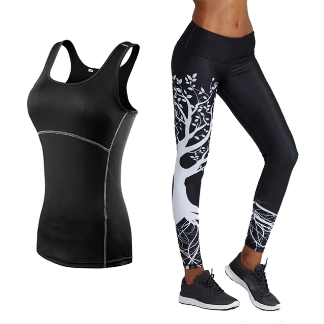 Black 2Pcs set Костюм из 2 предметов с принтом женский лоскутный Набор для йоги и спорта женские штаны для фитнеса Леггинсы пуш-ап штаны для йоги летняя спортивная одежда - Цвет: Black 2Pcs set