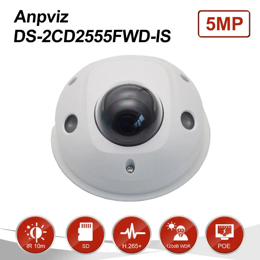 

Hikvision 5MP IR Fixed Mini Dome POE IP Camera H.265+ Built-in SD Card Slot IR 10m CCTV Vidoe Surveillance cam DS-2CD2555FWD-IS