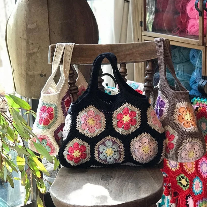 Crochet Sun Flowers Soft Handbags For Women Handmade Colorful Patchwork Florals Female Bags Grace Cute White