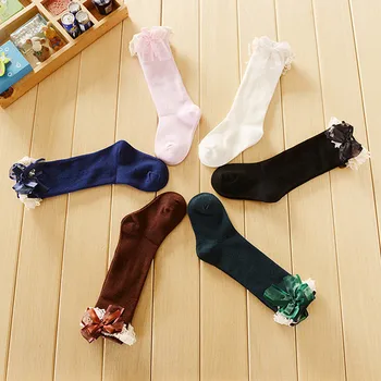 

CANIS baby's socks Cute Girls Kids Knee High Socks Stocking Cotton Baby clothing Toddler lace solid casual bow Leg Warmers