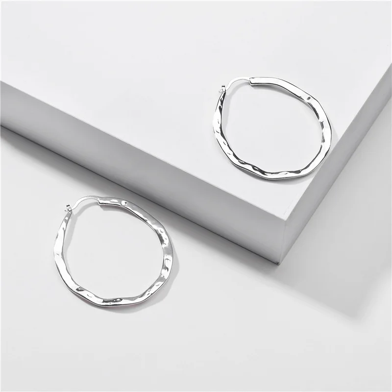 Gold Silver Color Hammered Surface Oval Round Big Hoop Earring Copper Brass Statement Earrings for Women 2