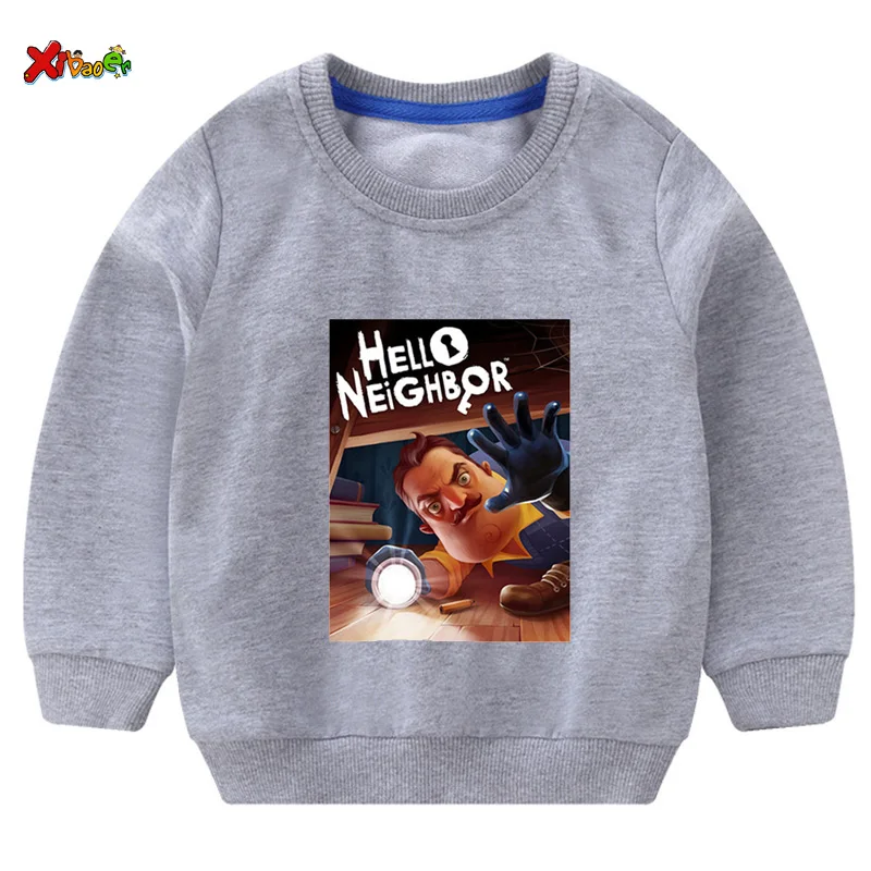 Свитшоты для мальчиков; коллекция года; футболка с надписью «hello neighior»; Крутая толстовка с длинными рукавами для малышей на День Благодарения; топы для маленьких девочек; одежда для малышей - Цвет: sweatshirt gray