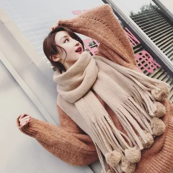 

2019 New Winter Fashion Knitted Scarf for Woman Luxury Designer Classic Solid Color Cashmere Scarf Blanket with Wool Ball Gift