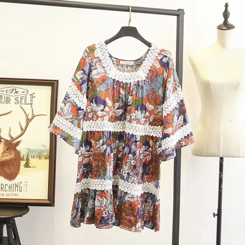 

2020 Mori Girl Large Size Spring And Summer New Style Lace Joint a Version Cotton Linen Printed Dress Short Sleeve Full Body Dre