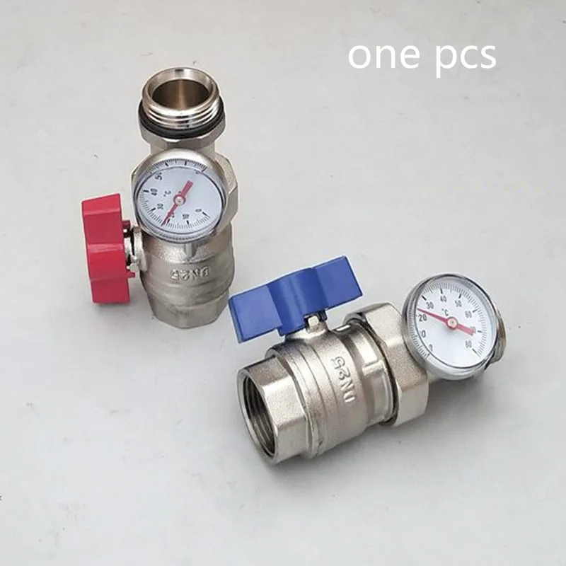 Латунный шаровой клапан с термометром красного и синего цвета с алюминиевой ручкой-бабочкой 1 комплект
