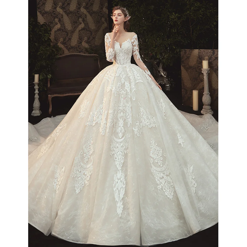 short wedding dresses Beading Pearls Appliques Lace Illusion Princess Ball Gown Wedding Dress With Long Sleeve Vestido De Noiva Princesa cheap wedding dresses