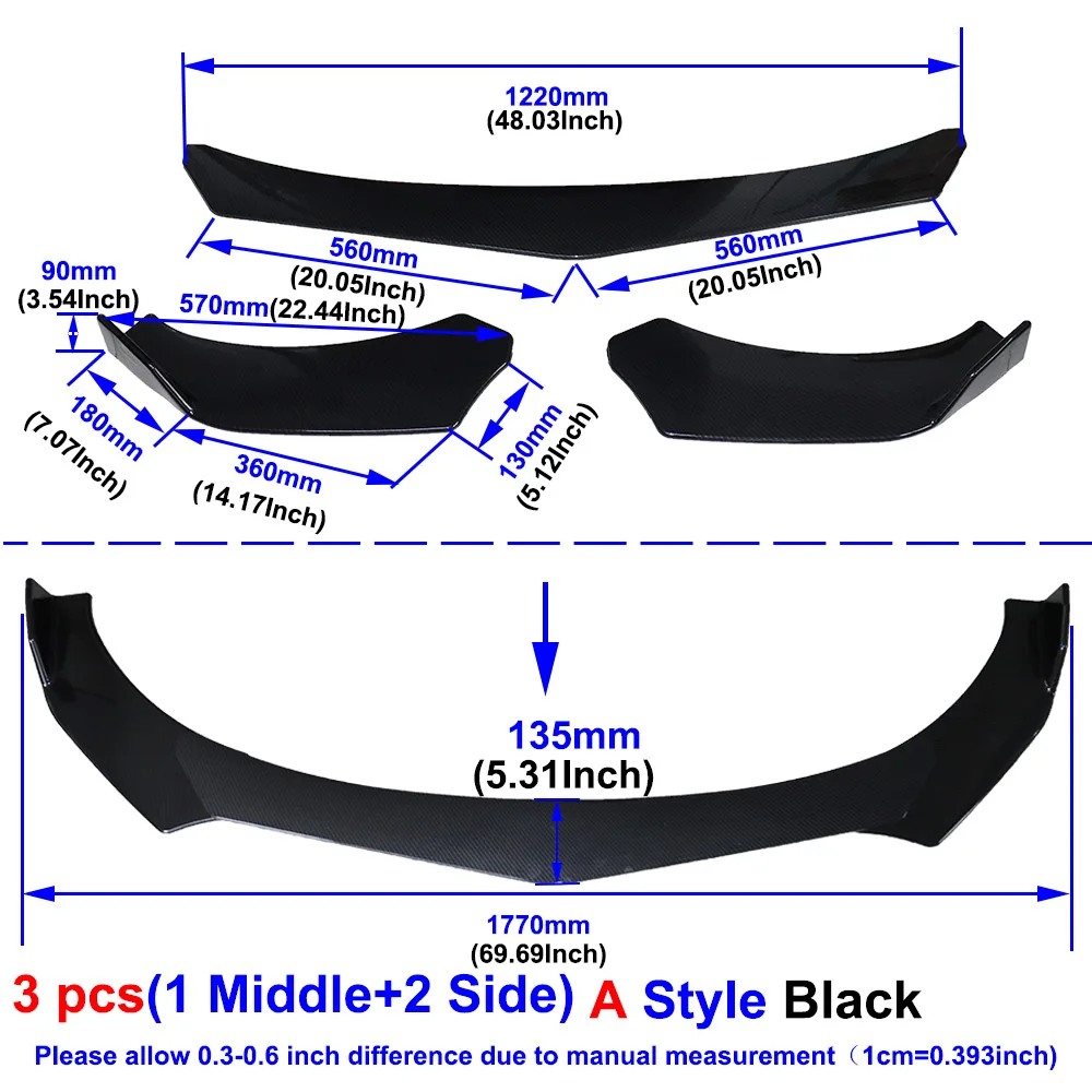 Universal Carbon Fiber/Black Car Front Bumper Lip Splitter Bumper Diffuser Guard Protector