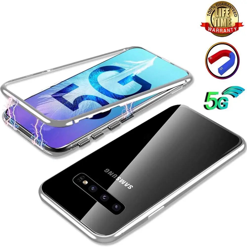 Металлический бампер Магнитный адсорбционный чехол для samsung Galaxy S10 Plus 5G прозрачное закаленное стекло полный защитный чехол для samsung S10e - Цвет: Silver